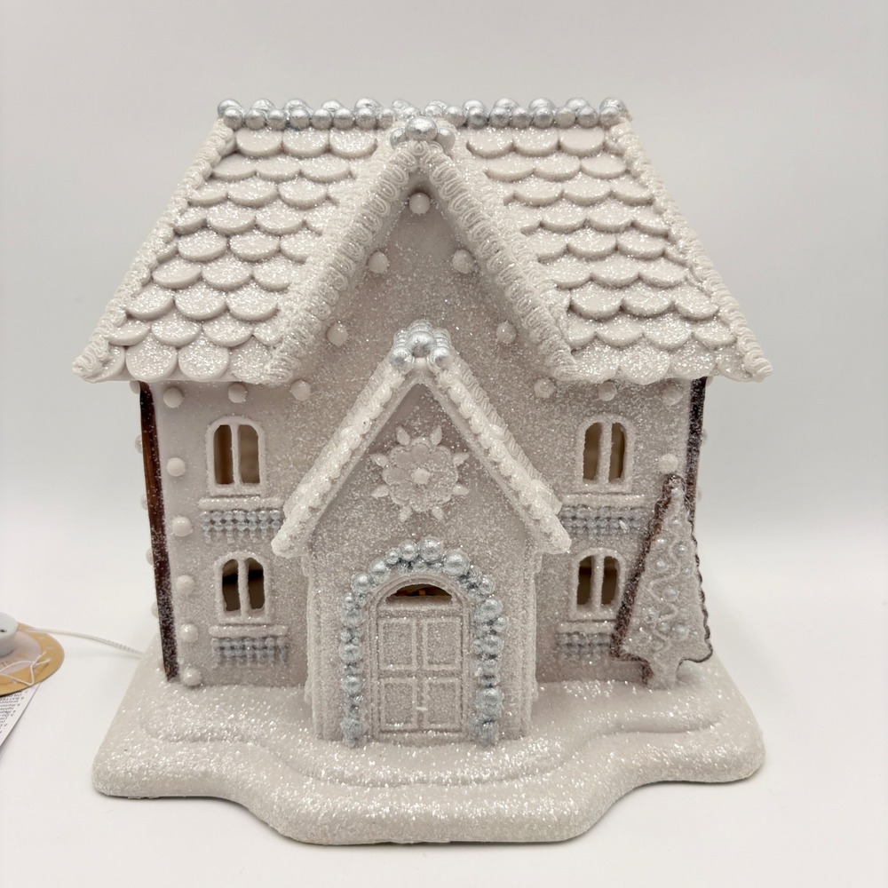 White Glitter LED Gingerbread House Silver Bead Trim Christmas Village Decor